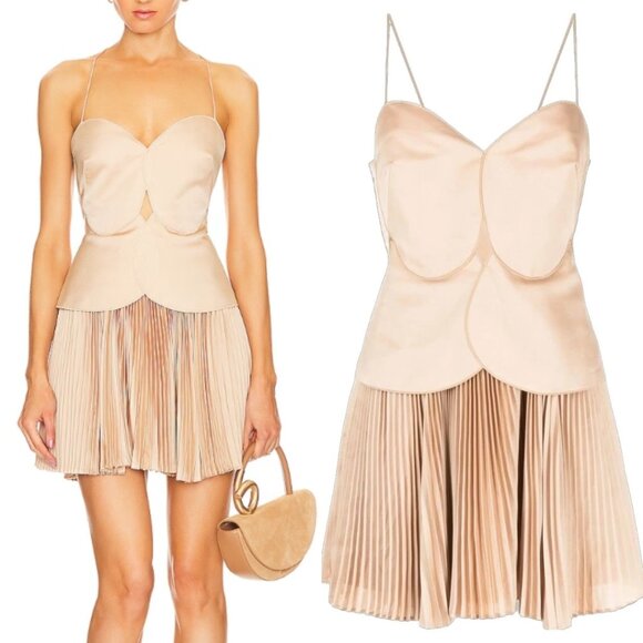 NWT Acler Willcocks Mini Dress Size 4 Tan Spaghetti Strap Pleated Lace-Up Back - Picture 9 of 13